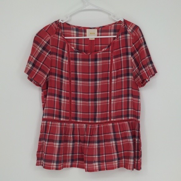 Maeve Red White Black Plaid‎ Short Sleeve Peplum Blouse Size Small - Picture 1 of 12